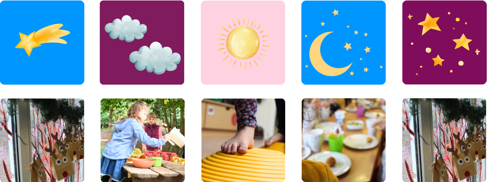 Collage mit den Symbolen der einzelnen KITA-Gruppen: Sonne, Mond, Sterne, Wolken.